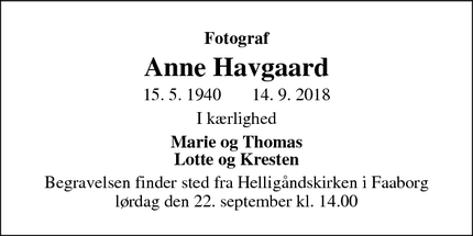 Dødsannoncen for Anne Havgaard - Faaborg