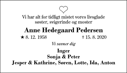 Dødsannoncen for Anne Hedegaard Pedersen - Kibæk