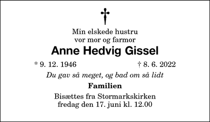 Dødsannoncen for Anne Hedvig Gissel - København S