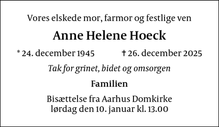 Dødsannoncen for Anne Helene Hoeck - København NV