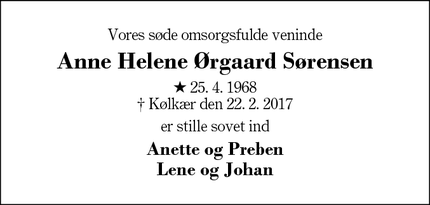 Dødsannoncen for Anne Helene Ørgaard Sørensen - Kølkær