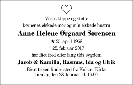 Dødsannoncen for Anne Helene Ørgaard Sørensen - Kølkær