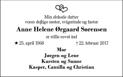 Dødsannoncen for Anne Helene Ørgaard Sørensen - Kølkær