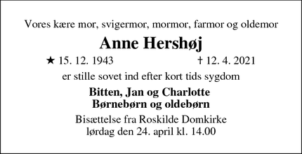 Dødsannoncen for Anne Hershøj  - Roskilde 