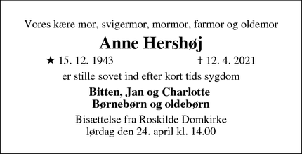 Dødsannoncen for Anne Hershøj  - Roskilde 