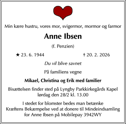 Dødsannoncen for Anne Ibsen - Lyngby