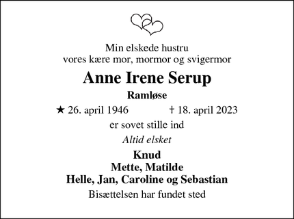 Dødsannoncen for Anne Irene Serup - Helsinge