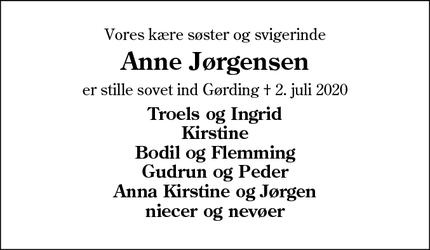 Dødsannoncen for Anne Jørgensen - Gørding