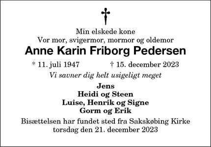 Dødsannoncen for Anne Karin Friborg Pedersen - Hillerød