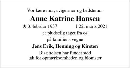 Dødsannoncen for Anne Katrine Hansen - ingen