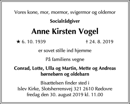 Dødsannoncen for Anne Kirsten Vogel - Herlev