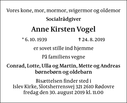 Dødsannoncen for Anne Kirsten Vogel - Herlev