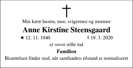 Dødsannoncen for Anne Kirstine Steensgaard - Holstebro