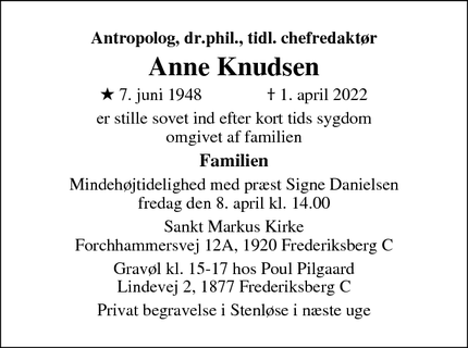 Dødsannoncen for Anne Knudsen - Frederiksberg