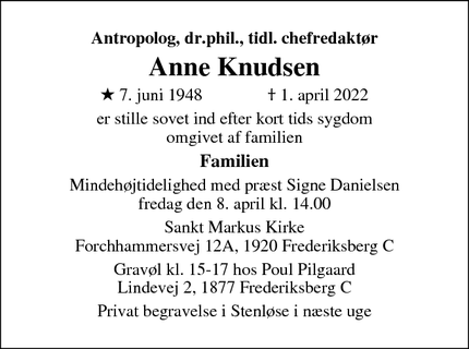 Dødsannoncen for Anne Knudsen - Frederiksberg