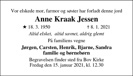 Dødsannoncen for Anne Kraak Jessen - Hokkerup