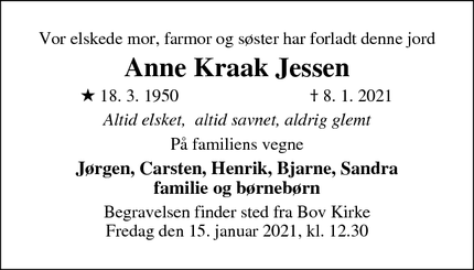 Dødsannoncen for Anne Kraak Jessen - Hokkerup