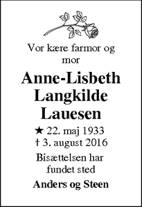 Dødsannoncen for Anne-Lisbeth Langkilde Lauesen - Vanløse