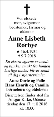 Dødsannoncen for Anne Lisbeth Rørbye - Odense