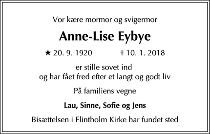 Dødsannoncen for Anne-Lise Eybye - Dyssegård
