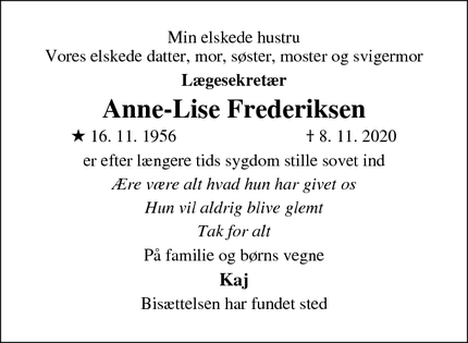 Dødsannoncen for Anne-Lise Frederiksen - Vordingborg