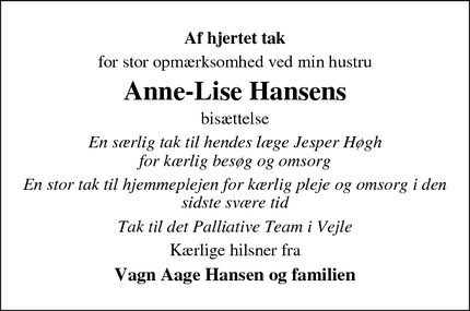Taksigelsen for Anne-Lise Hansens - Fredericia 
