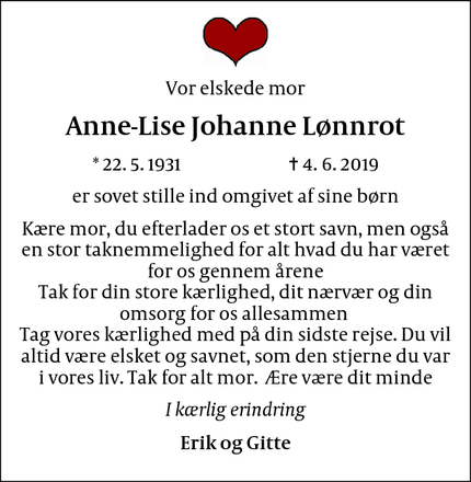 Dødsannoncen for Anne-Lise Johanne Lønnrot - København