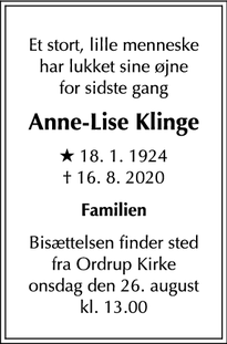 Dødsannoncen for Anne-Lise Klinge - Charlottenlund