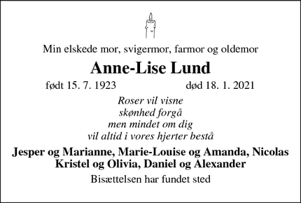 Dødsannoncen for Anne-Lise Lund - Humlebæk