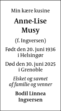 Dødsannoncen for Anne-Lise Musy - Grenoble 