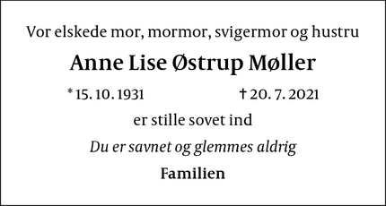 Dødsannoncen for Anne Lise Østrup Møller - Hillerød