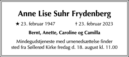 Dødsannoncen for Anne Lise Suhr Frydenberg - La Colle sur Loup