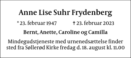Dødsannoncen for Anne Lise Suhr Frydenberg - La Colle sur Loup