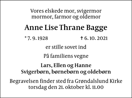 Dødsannoncen for Anne Lise Thrane Bagge - Rødovre