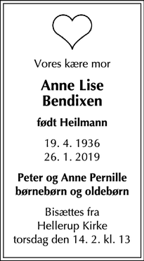 Dødsannoncen for Anne Lise
Bendixen - gentofte