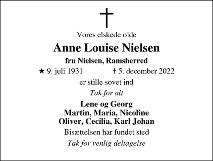 Dødsannoncen for Anne Louise Nielsen - Næstved