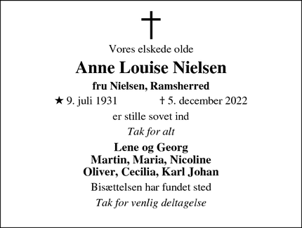Dødsannoncen for Anne Louise Nielsen - Næstved
