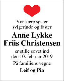 Dødsannoncen for Anne Lykke Friis Christensen - Glamsbjerg