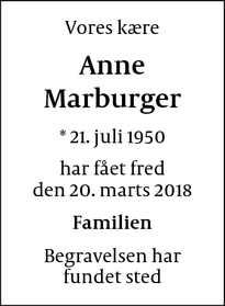 Dødsannoncen for Anne Marburger - Hundested