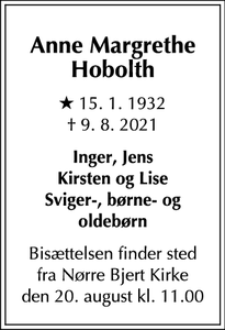 Dødsannoncen for Anne Margrethe Hobolth - Kolding