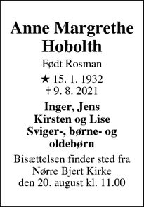 Dødsannoncen for Anne Margrethe Hobolth - Kolding