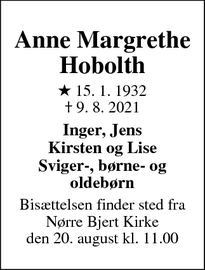 Dødsannoncen for Anne Margrethe Hobolth - Kolding