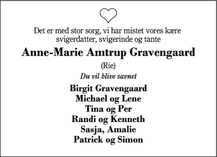 Dødsannoncen for Anne-Marie Amtrup Gravengaard - Herning