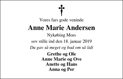 Dødsannoncen for Anne Marie Andersen - Nykøbing Mors