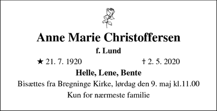 Dødsannoncen for Anne Marie Christoffersen - Troense, Svendborg