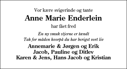 Dødsannoncen for Anne Marie Enderlein - Nordborg