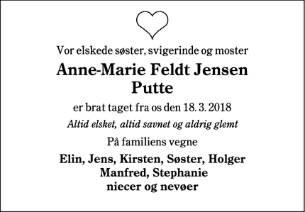 Dødsannoncen for Anne-Marie Feldt Jensen
Putte - Varde