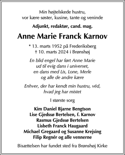 Dødsannoncen for Anne Marie Franck Karnov - 2700 Brønshøj