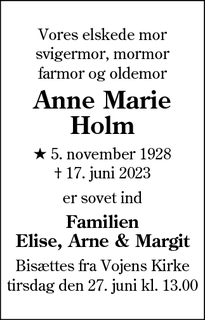 Dødsannoncen for Anne Marie
Holm - Vojens