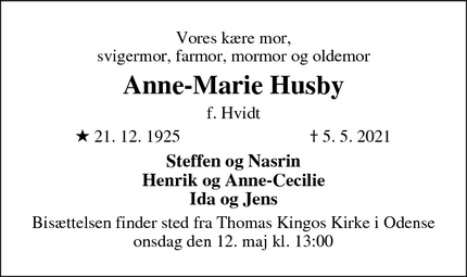 Dødsannoncen for Anne-Marie Husby - Odense